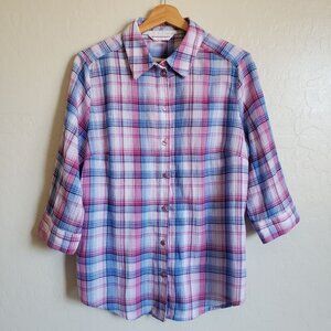 Allison Daley Plaid Crinkle Button Up Blouse Top Purple/Blue Sz Womens 10 Petite